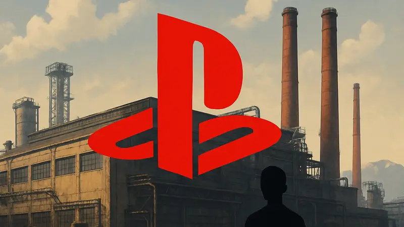 Логотип Sony PlayStation на фоне промышленного здания, символизирующего завод дисков.