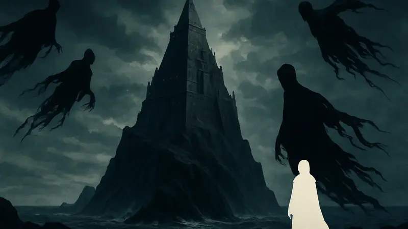 Обложка мода Azkaban для Hogwarts Legacy с изображением Азкабана и дементоров на фоне мрачного неба.