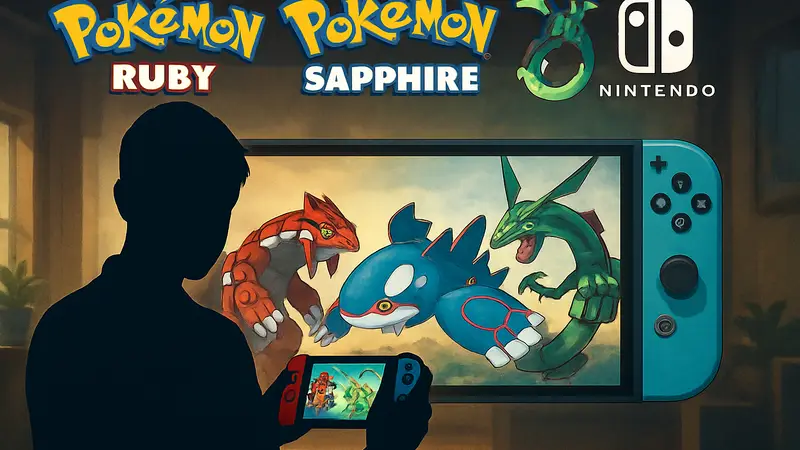 Логотипы Pokemon Ruby, Sapphire, Emerald и Nintendo Switch, покемоны на экране.