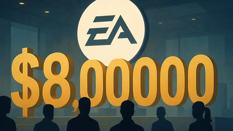 Логотип Electronic Arts на фоне цифры $8 миллиардов, символизирующий рекордные продажи.