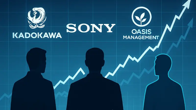 Логотипы Kadokawa, Sony и Oasis Management на фоне графиков роста акций.