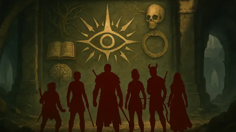 Иллюстрация Baldur's Gate 3 с главными героями и символами скрытых деталей лора