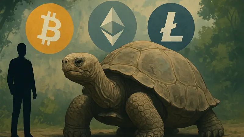 Изображение старой черепахи Джонатана с логотипами криптовалют на фоне