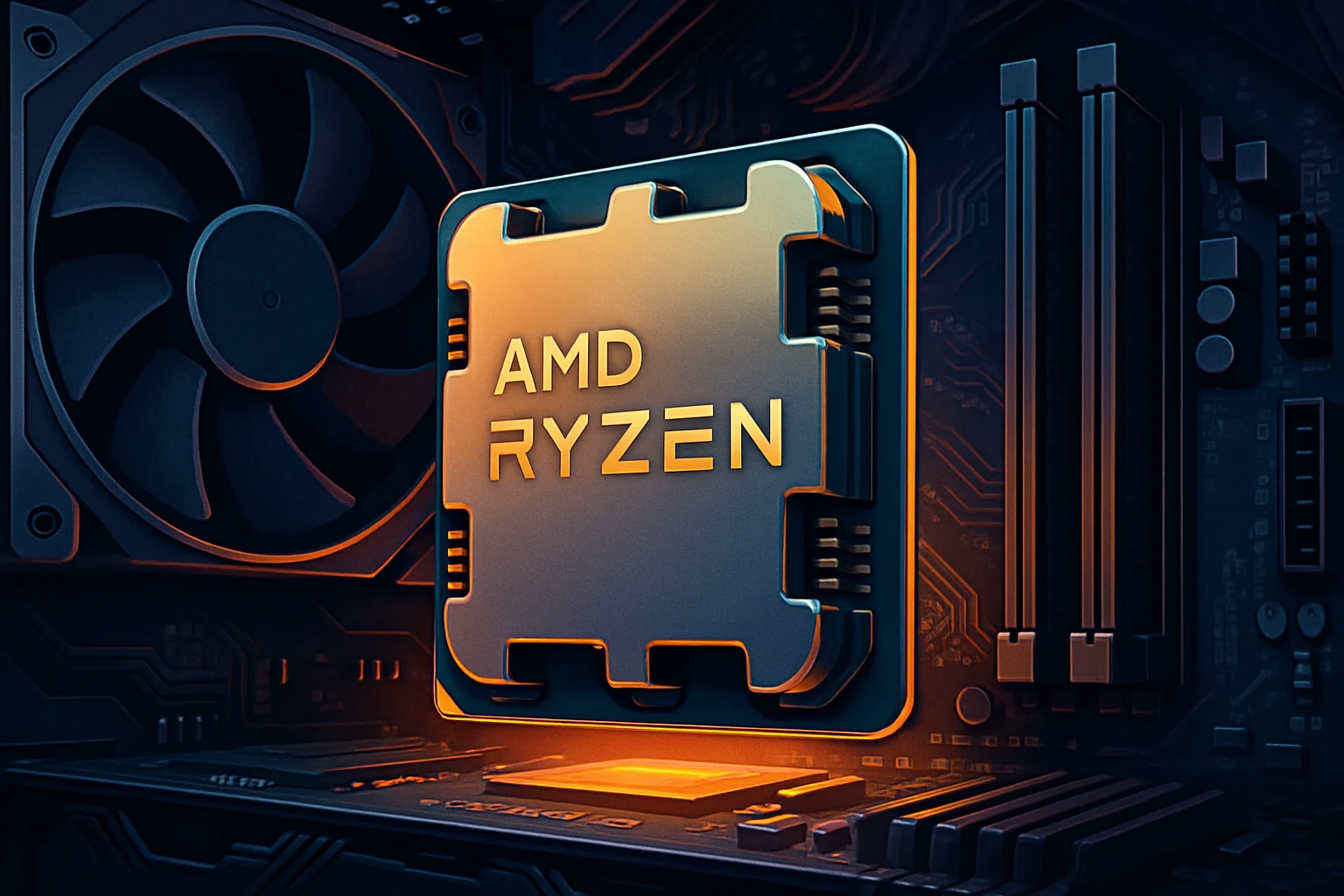 Процессор AMD Ryzen 9 9950X на фоне компьютерных компонентов, символизирующий мощное железо.