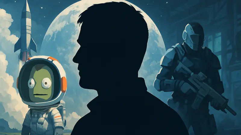 Портрет Дина 'Rocket' Холла, создателя DayZ, возможно, с элементами Kerbal Space Program или XCOM на фоне.