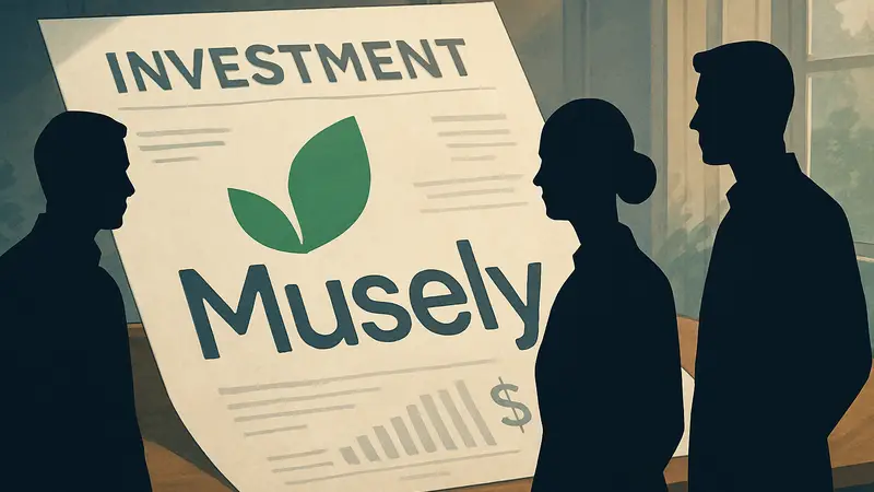 Логотип Musely на фоне инвестиционного документа, символизирующего привлечение капитала