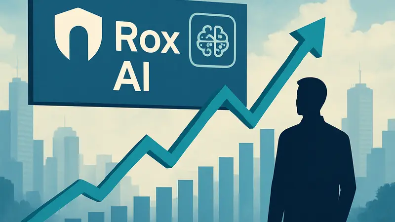 График роста стоимости стартапа Rox AI с логотипом компании и символикой искусственного интеллекта.