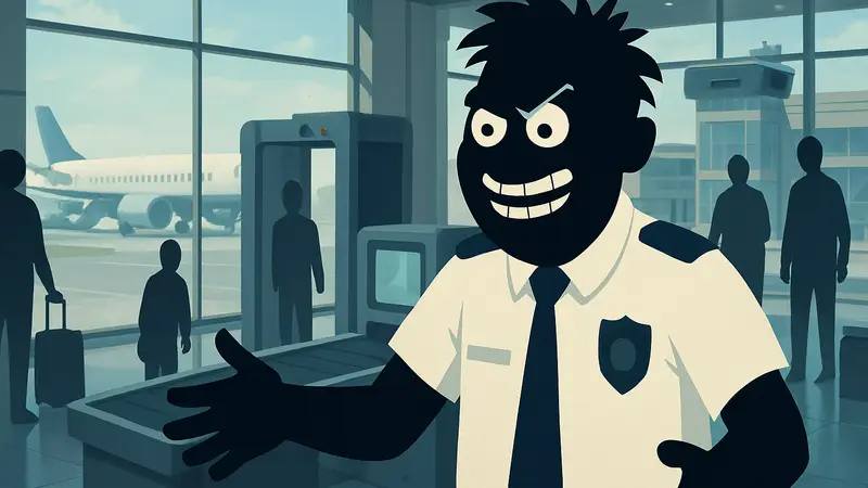 Игровой скриншот I Am Airport Security, показывающий безумного охранника в аэропорту