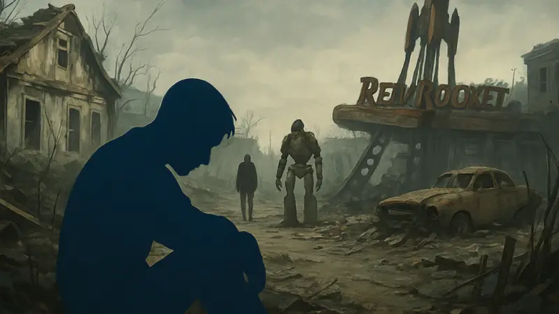 Грустный арт или скриншот из Fallout 4 с грустными персонажами или разрушенными локациями
