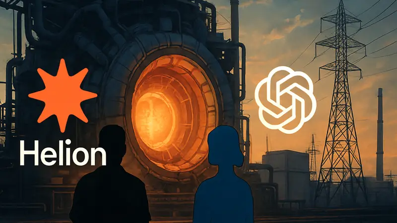 Логотипы Helion и OpenAI на фоне термоядерного реактора или энергетической станции.