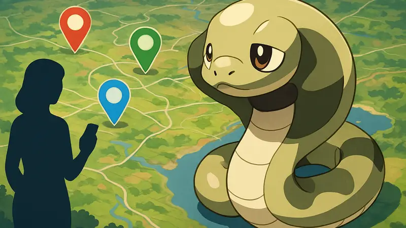 Покемон Силикобра на фоне карты Pokemon GO с маркерами биомов.