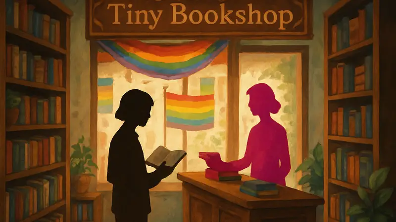 Обложка игры Tiny Bookshop с персонажами и книгами, символика Pride Week.