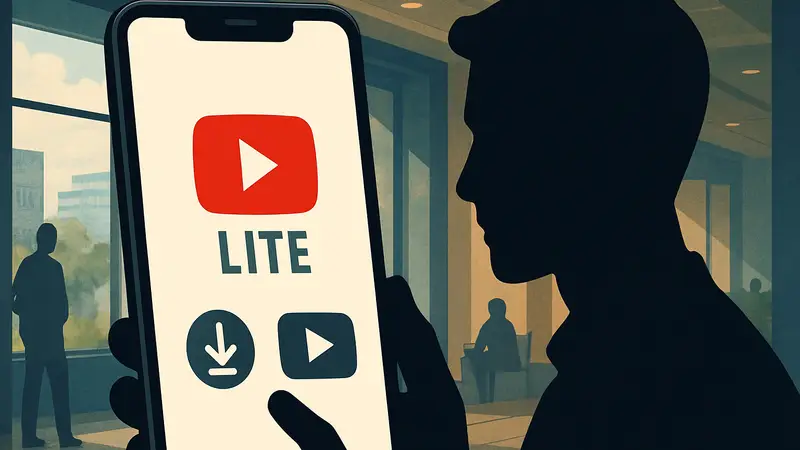 Логотип YouTube Lite на экране смартфона с иконками загрузки и фонового воспроизведения.
