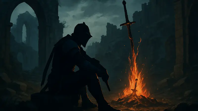 Изображение рыцаря из Dark Souls у костра, символизирующее сложность и вызов в игре и жанре соулс-лайк