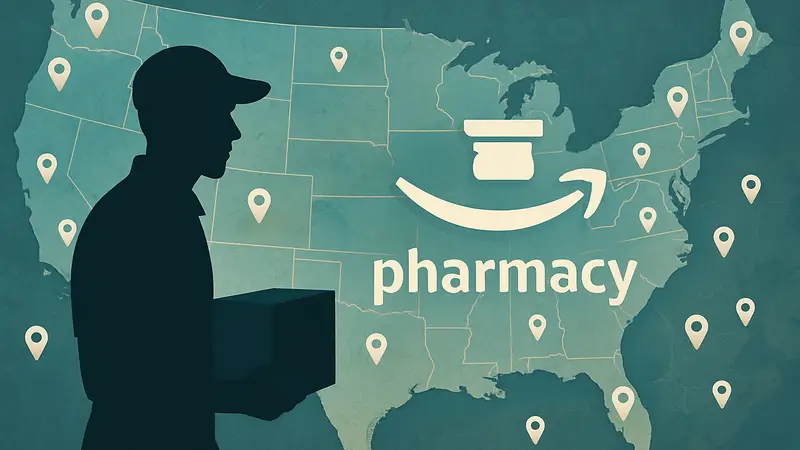 Логотип Amazon Pharmacy на фоне карты США, показывающей расширение зоны доставки лекарств.