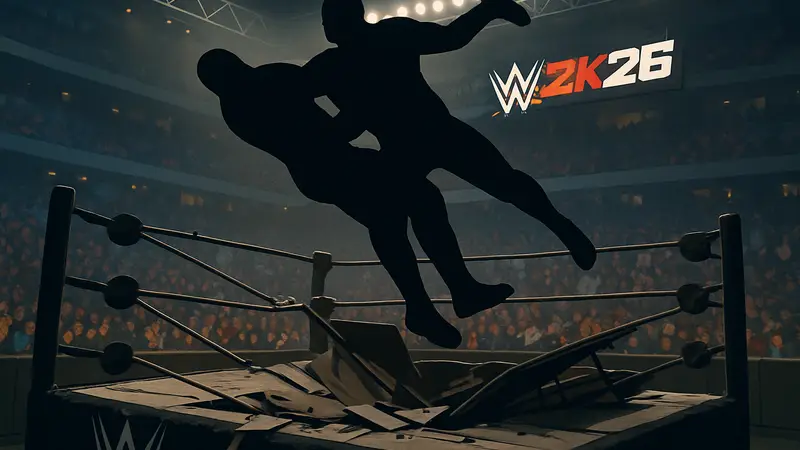 Игровой скриншот из WWE 2K26, показывающий сломанный ринг после мощного удара.