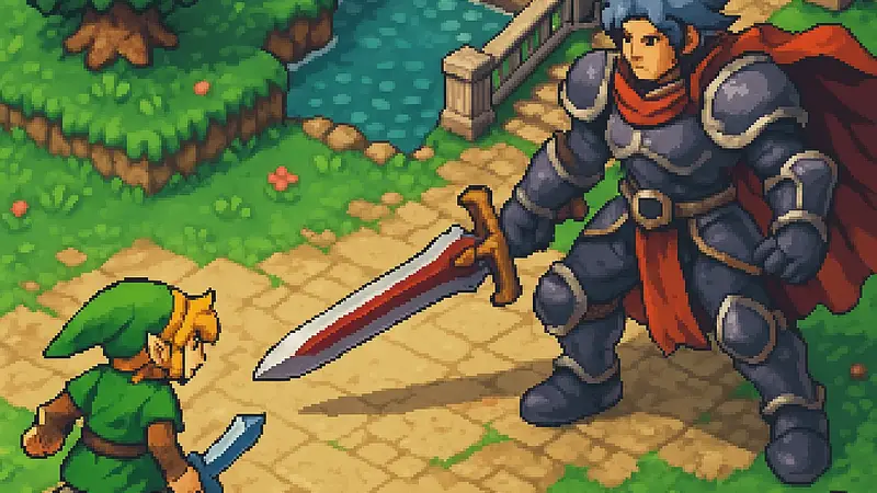 Скриншот или арт из новой ретро-стилевой игры, сочетающей элементы Zelda и Final Fantasy