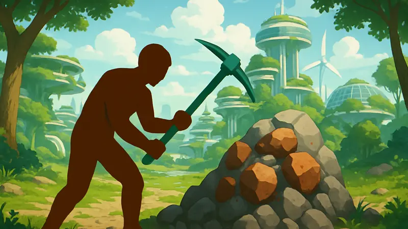 Добыча железной руды в игре Solarpunk, на фоне виден рудный узел и кирка игрока.
