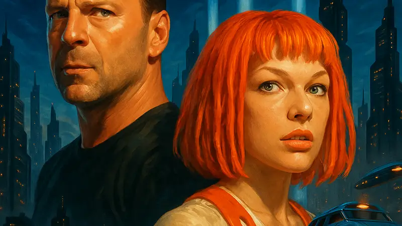 Постер фильма «Пятый элемент» с Брюсом Уиллисом и Миллой Йовович на фоне футуристического города.