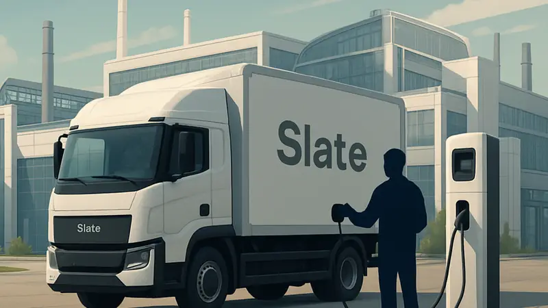 Прототип электрического грузовика Slate Auto заряжается, на фоне современный завод