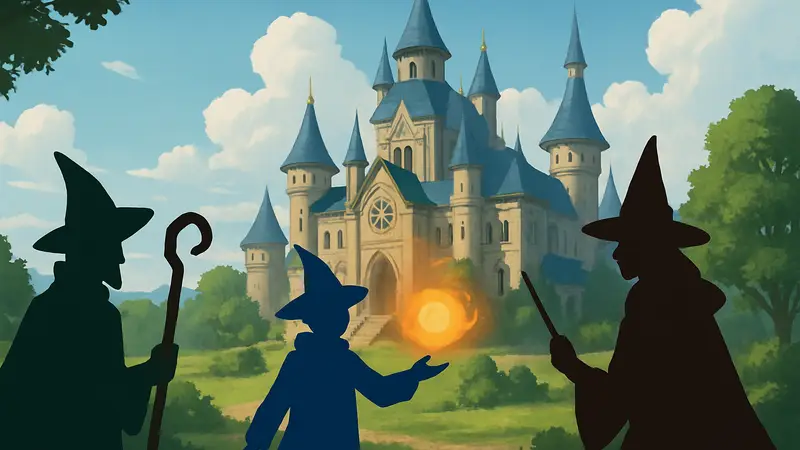 Обложка мобильной игры Wizard Legend: Duel с изображением волшебников и магической академии