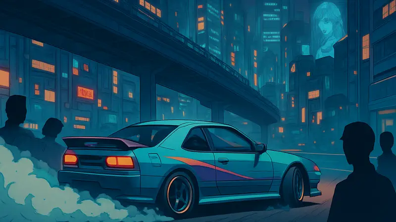 Яркий скриншот из аниме-гонки Screamer, показывающий автомобиль в дрифте