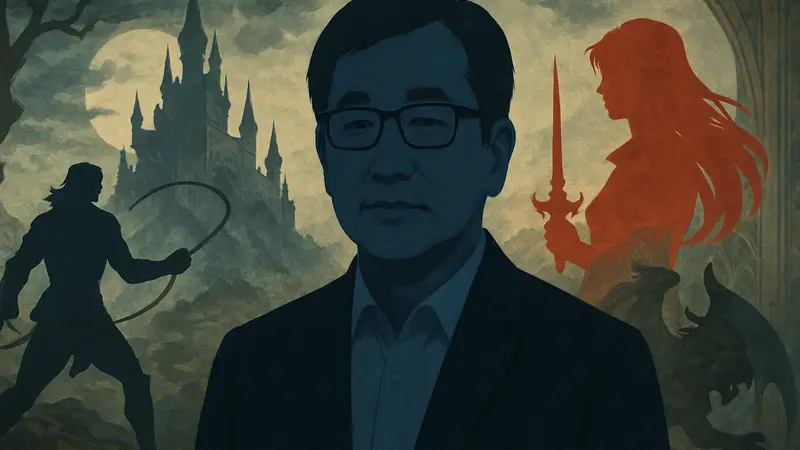 Сютаро Ида, разработчик игр Castlevania и Bloodstained, на фоне игровых персонажей.