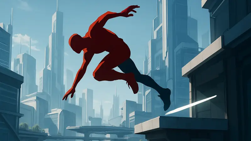 Скриншот из игры MOTORSLICE, демонстрирующий главного героя, выполняющего паркур-трюк в футуристическом городском пейзаже.