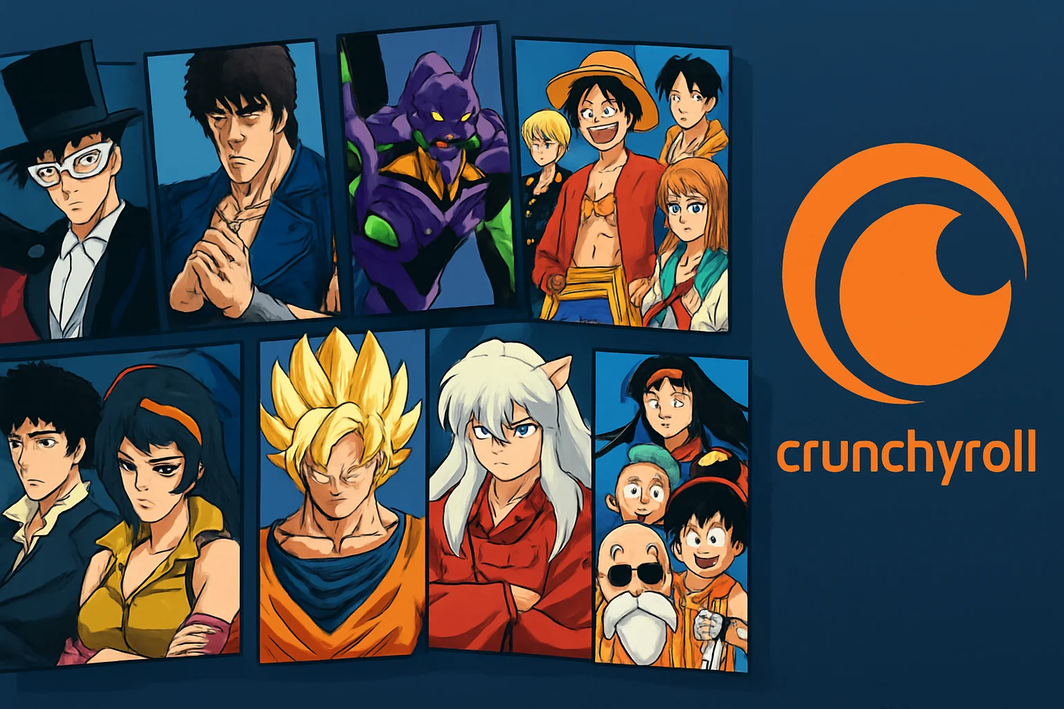 Изображение с обложками 10 классических аниме, доступных на Crunchyroll, с логотипом сервиса.