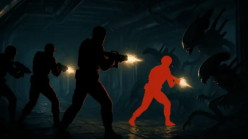 Скриншот из Aliens: Fireteam Elite 2, где команда бойцов ведет ожесточенный огонь по ксеноморфам в тёмном коридоре