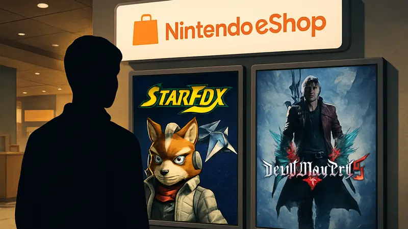 Логотип Nintendo eShop и обложки игр Star Fox и Devil May Cry 5.