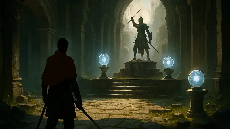 Игровой скриншот Crimson Desert, показывающий локацию Святилище Откровения с элементами головоломки.