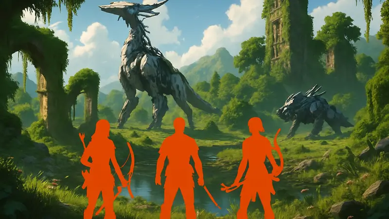 Скриншот или арт из Horizon Hunters Gathering с тремя персонажами, Horizon Hunters Gathering кооперативная игра