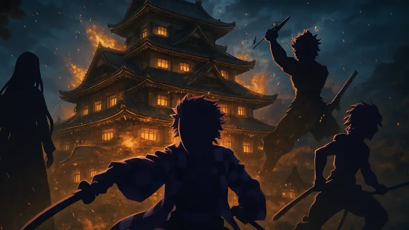 Постер аниме-фильма «Клинок, рассекающий демонов: Замок Бесконечности» с главными героями.