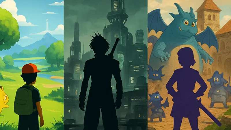 Сравнительный коллаж из игр Pokemon, Final Fantasy и Dragon Quest, иллюстрирующий темп их релизов.