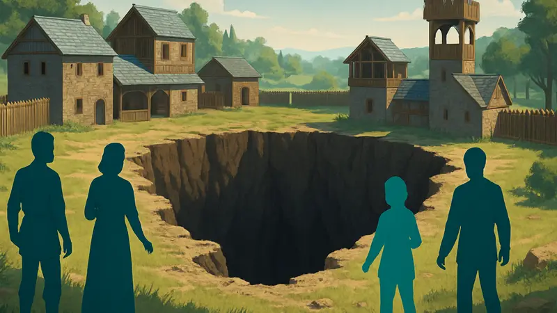 Игровой скриншот из Going Medieval, показывающий средневековое поселение и большую «проклятую дыру».