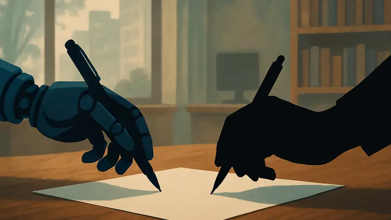 Рука робота и рука человека держат ручки над листом бумаги, символизируя текст, написанный ИИ.