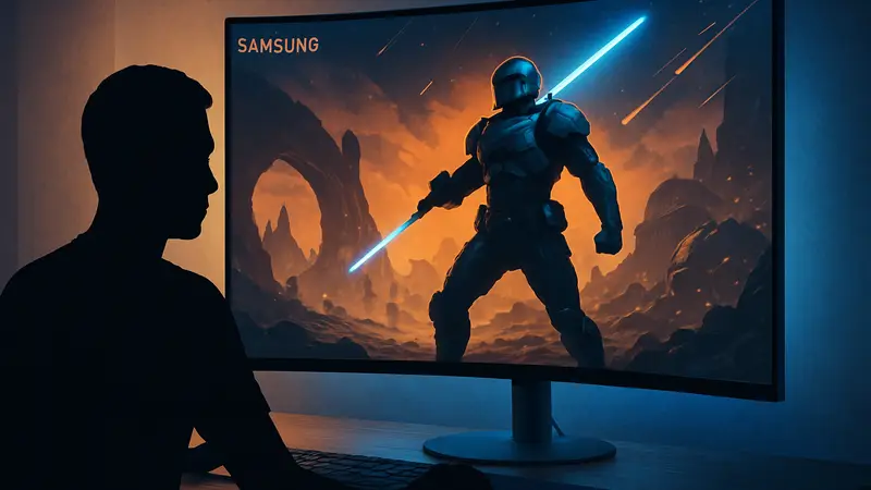 Изображение нового 32-дюймового 4K QD-OLED игрового монитора Samsung с подсветкой и высоким разрешением.