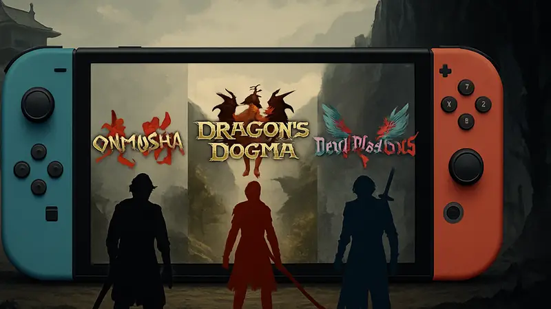 Логотипы игр Onimusha, Dragon's Dogma 2 и Devil May Cry 5 на фоне Nintendo Switch 2