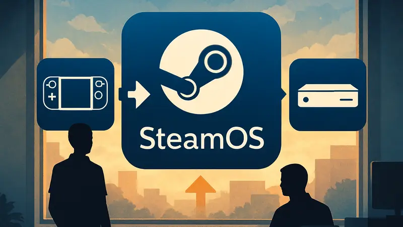 Логотип SteamOS с иконками Steam Deck и Steam Machine, показывающий обновление функций