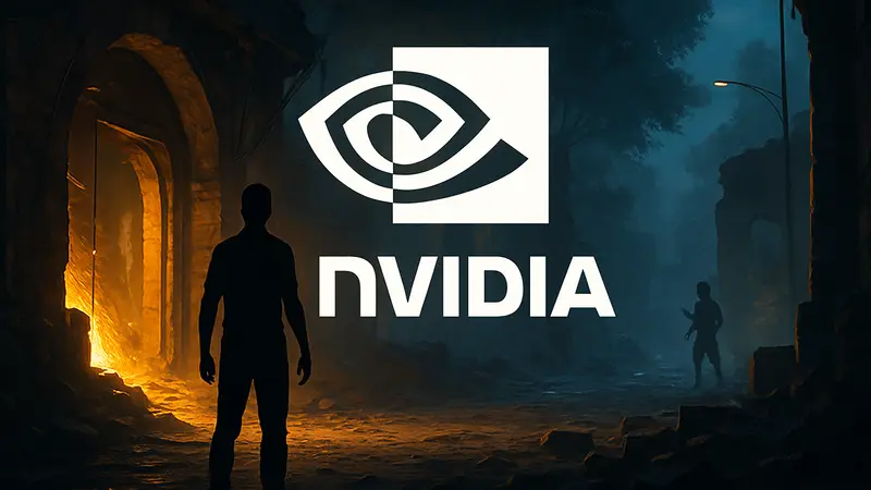 Логотип Nvidia на фоне реалистичной игровой графики с трассировкой лучей и света.