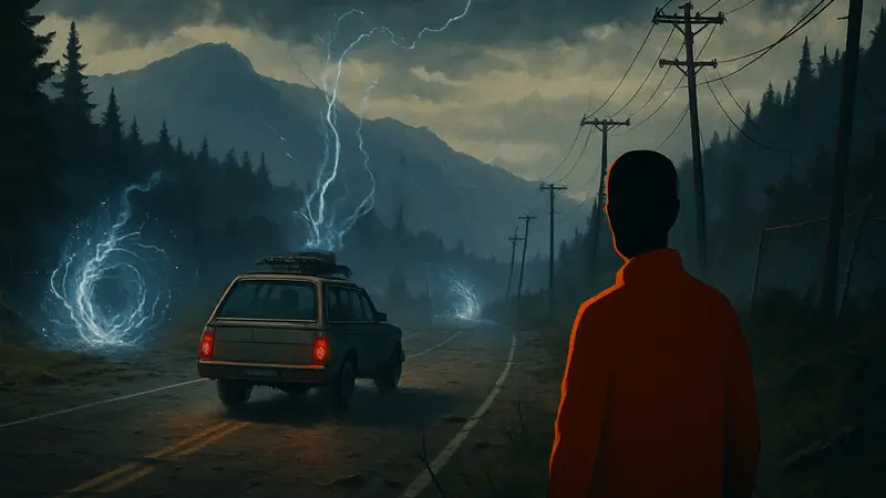 Скриншот Pacific Drive: автомобиль едет по дороге, видны аномалии и мрачный пейзаж.