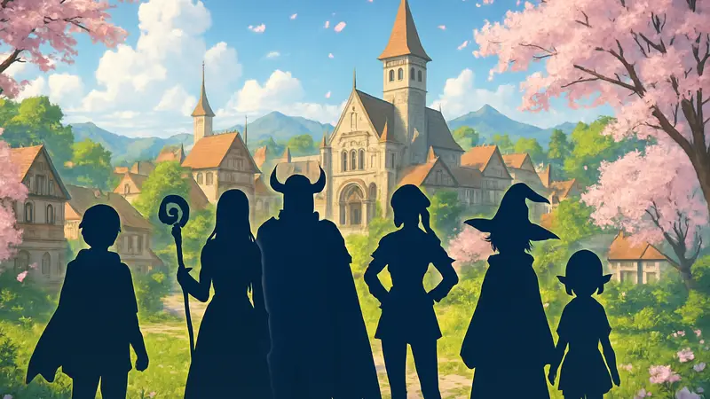 Аниме персонажи из разных исекай-сериалов, символизирующие весенние новинки 2026 года