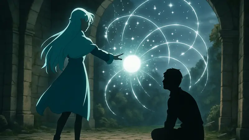 Кадр из аниме «Фрирен: Путешествие в загробную жизнь», демонстрирующий магические эффекты и эмоциональный момент.