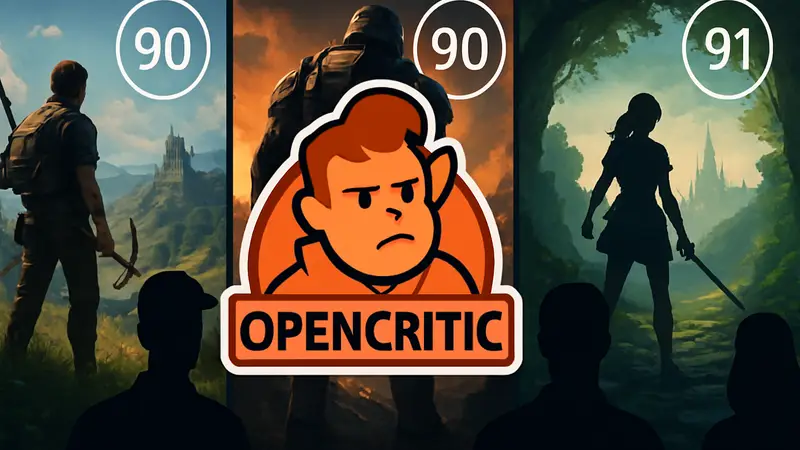Логотип OpenCritic на фоне игровых скриншотов с оценками, символизирующий высокие рейтинги игр 2026 года.