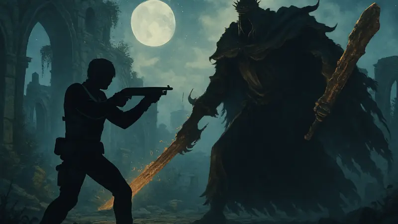 Леон Кеннеди из Resident Evil в броне и с оружием, рядом босс из Elden Ring, юмористическая битва