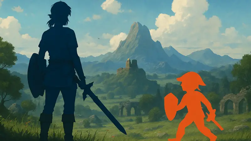 Линк из Breath of the Wild с мечом и щитом, обложка игры The Legend of Zelda NES 1986.