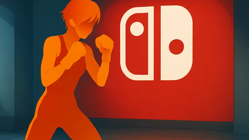 Игровой персонаж из Fitness Boxing 3 в боксёрской стойке на фоне логотипа Nintendo Switch