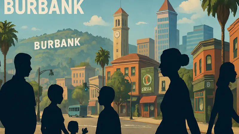 Изображение концепт-арта игры Burbank, показывающее город и персонажей ИИ-симулятора жизни.