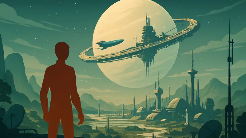 Кадр из трейлера игры Orbitals, демонстрирующий рисованную ретро-футуристическую стилистику.